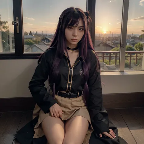  anime style demon slayer,  Kotouji Agamaki, a 22-year-old girl, serious and calm with golden eyes and pronounced eyebrows, long straight braided hair that surrounds her hair, dark purple hair and with violet tips called more active and two side hair pins ...