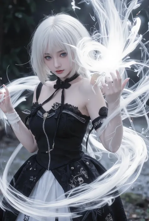 Final transformation of pure black and white energy, similar to naruto, of a gothic lolita mage anime version with white hair and blue eyes host of death