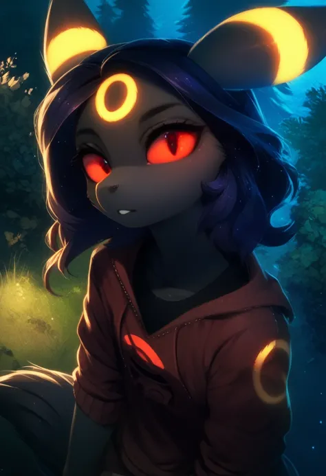 score_9, score_8_above, score_7_above, source_ hair,  review_ sure, by magnaluna,, 1 ,anthropomorphic, Umbreon, black skin on the body,  golden marks , Pokemon,  red eyes, by the fluffy, At night, Outside,  forest,  Detailed Description , best quality, clo...