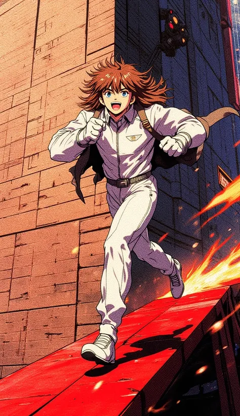 (side view) Handsome cute anime hero boy, white leather jumpsuit, brown hair, blue eyes, fists, smirk, running to the right across a red platform on the side of a brick wall