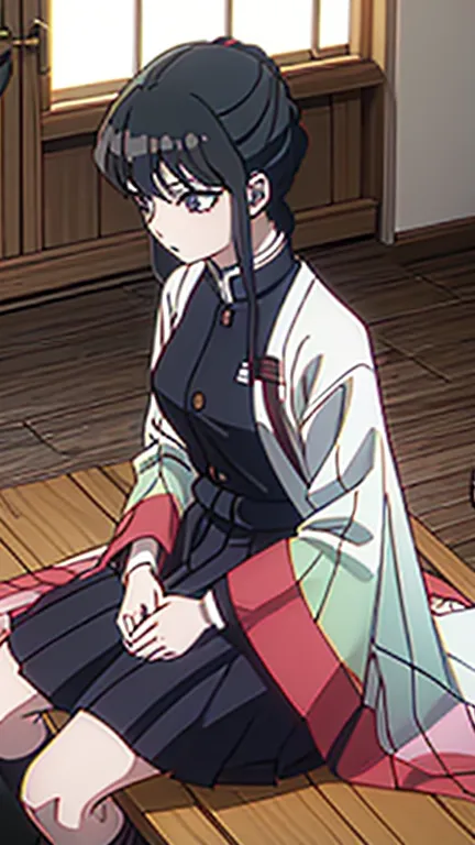  anime style demon slayer,  Kotouji Agamaki, a 22-year-old girl, serious and calm with golden eyes and pronounced eyebrows, long straight braided hair that surrounds her hair, dark purple hair and with violet tips called more active and two side hair pins ...