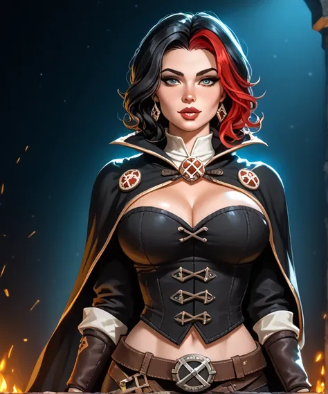 Looks about 20 years old. medieval RPG character, (((Very seductive and sultry.))) (D&D rogue character:1.2), Female fantasy character with attractive  features. Short black hair with red highlights. Dark clothing. Seductive. Alluring. Very sexy and sultry...