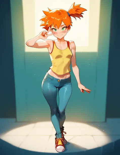 masterpiece,best quality, highly detailed, score_9, score_8_up, score_7_up, score_6_up, vibrant, full body, uncensored, 1girl, Misty, pokemon, petite, (glistening skin, short stature, small breasts, blush), narrow eyes, green eyes, long lashes, orange hair...