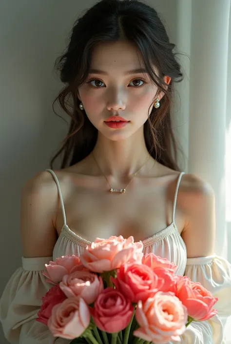 A beautiful girl wearing culottes with very sexy tight bras and holding a flower bouquet