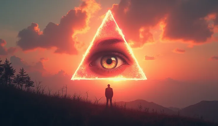 In a triangle an eye appeared at a beautiful sunset for a man. 