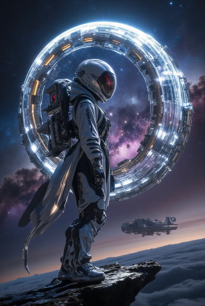 "A lone female astronaut in an advanced space suit stands on the edge of an unknown celestial body, gazing at a massive, glowing sphere floating in the cosmic void. The sphere radiates an ethereal light, blending deep blues, purples, and golden hues. The a...