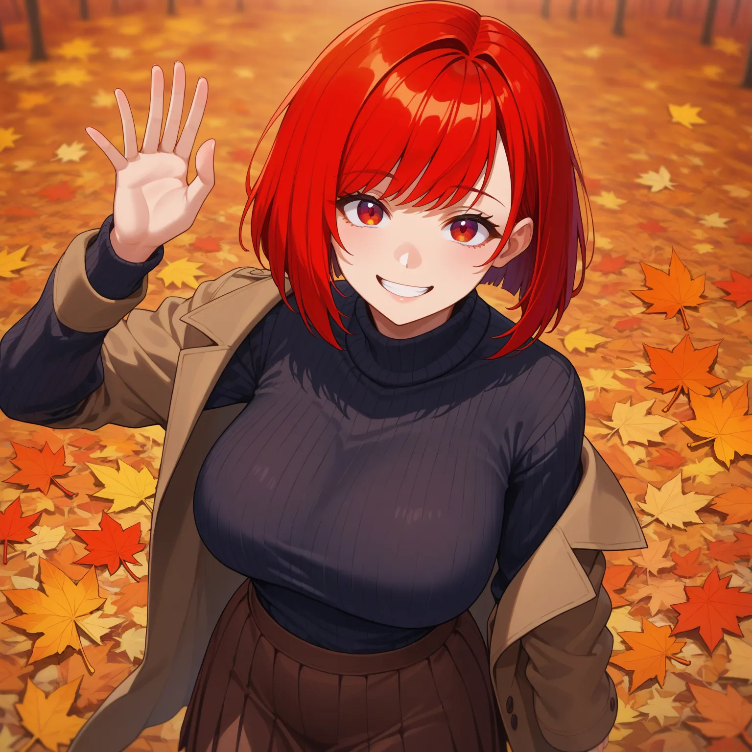 score_9, score_8_above, score_7_above,  1 , autumn, autumn leaves,  black sweater, bob cut, breasts, brown coat, brown skirt,  mouth shut, coat, large breasts, leaf,  leaf bottom , long sleeves, looking at the viewer,  medium hair, Shoulder off, orange bac...