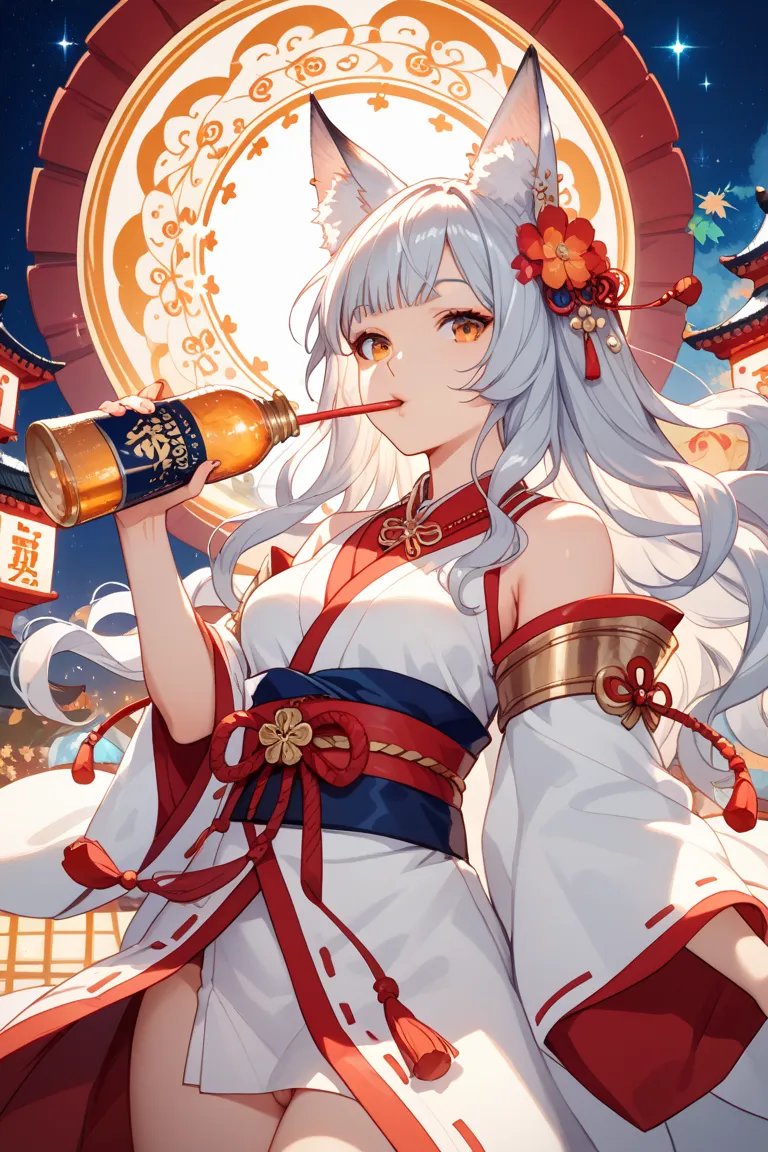 High image quality, very fine line illustrations, very transparent illustrations, very smooth textured illustrations, gorgeous festival, golden Inari Taisha, fantastic fox ears, girls in their 20s with silver hair, wear shrine maiden clothes that shine gor...