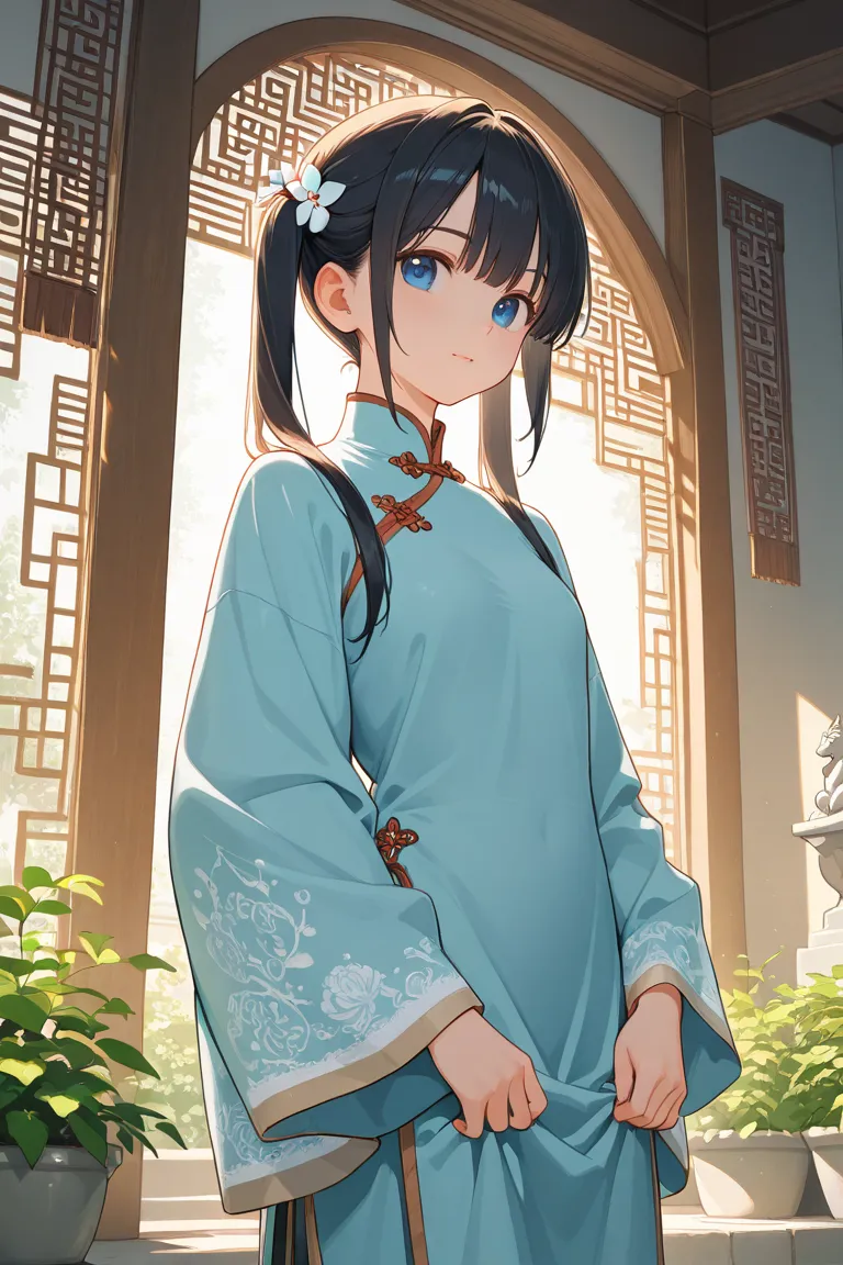 woman、 black hair、twin tails、 Chinese clothes、dragon