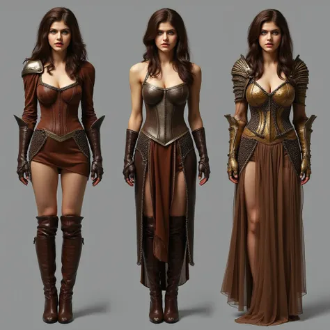 The same woman, Alexandra Daddario, stands exactly full-length in three different outfits, 1 type - robber leather armor, leather brown corset and leather miniskirt, brown heeled boots, shoulder pads, Type 2 - knight bronze armor, bronze corset, бронзовые ...