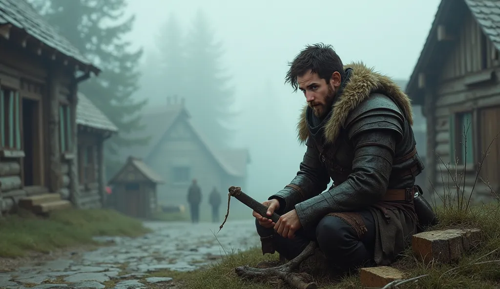 you see a young hunter in leather armor sitting alone at the entrance of a town with wooden houses, in his hand he has a wooden stake that he sharpens with his knife,you can see people in the distance walking through its streets, There's a lot of fog 