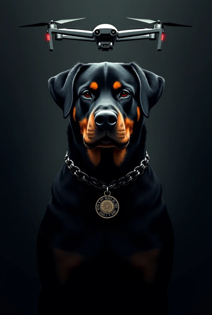 Rottweiler dog badge black background with a drone behind the dog the collar of the dog that has a bus 