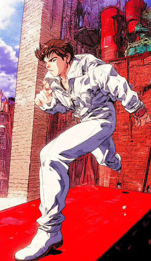 (side view) Handsome cute anime hero boy, white leather jumpsuit, brown hair, blue eyes, fists, mischievous grin, running to the right across a red platform on the side of a brick wall