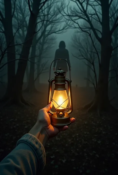 A hyper-realistic, cinematic first-person perspective (POV) of a woman alone in a dense, isolated forest in the dead of night, holding a flashlight. Her trembling hand grips the flashlight tightly, casting flickering golden light that barely pushes back th...