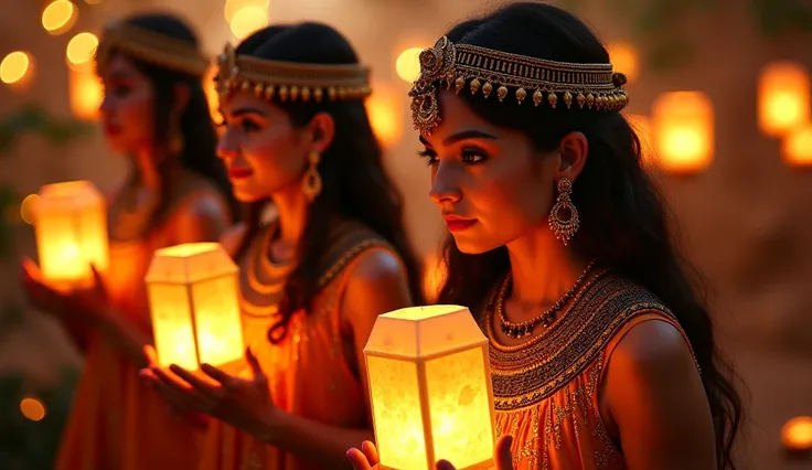 7 Egyptian girl friends with wine features celebrate the arrival of Ramadan holding lanterns and wearing a headdress. Make their features realistic behind them is a garden full of lanterns and decorations