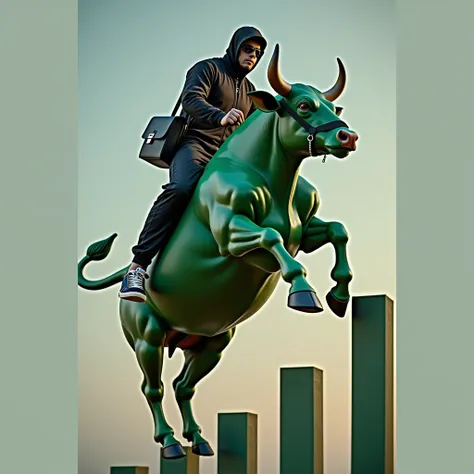 Generate a personal brand photo with Bull Rider on top and the picture looks like a cool and attractive guy in a cool outfit is riding a green bull and under them there will be a candlelight chart he's wearing a black tracksuit with a black leather bag and...