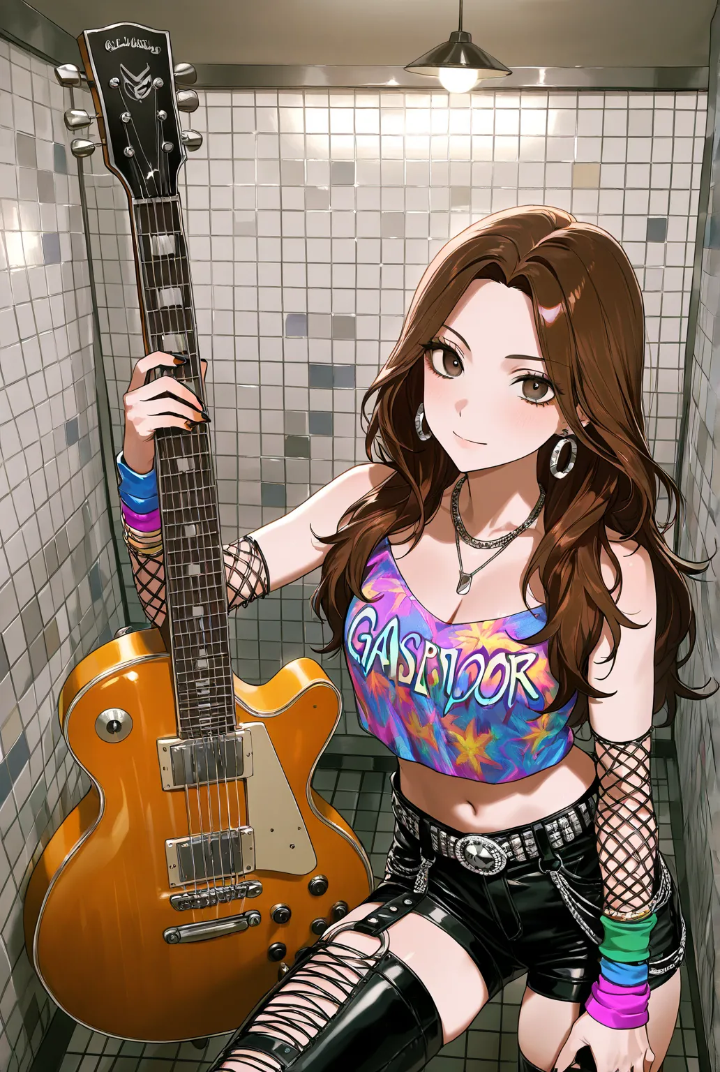 cool beauty, brown hair, glamour body, hippie musician style fashion, tile room, 