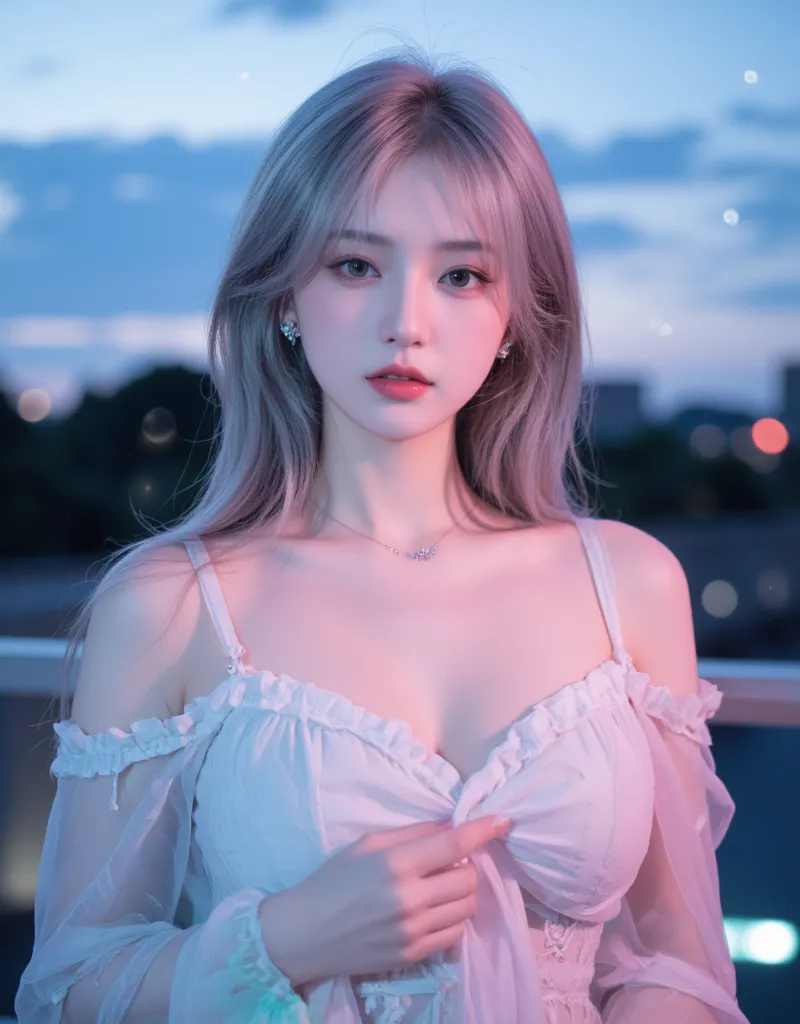 (masterpiece, highest quality:1.2), 8K, 85mm, Raw photo, confused, white and cyan theme, gray hair, gradient dress, delicate girl, Upper body, close your face, shiny skin, , looking at the viewer, HDR, sharp focus, particle, dusk sky, shiny skin, small eye...