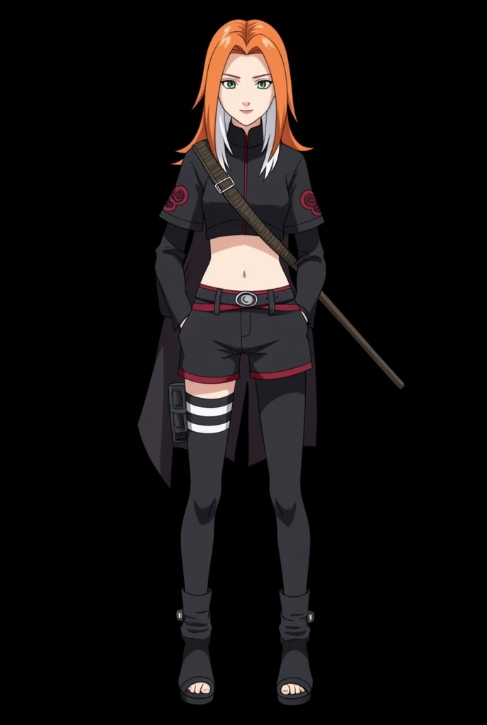  Female character of an 18-year-old girl designed for the Boruto universe: Naruto Next Generarions, in the style of Masashi Kishimoto ,  Aparência:

Age: 18 anos

 Aparência:

 Hair:  long and flaming ,  with an intense orange tone that seems to shine in t...