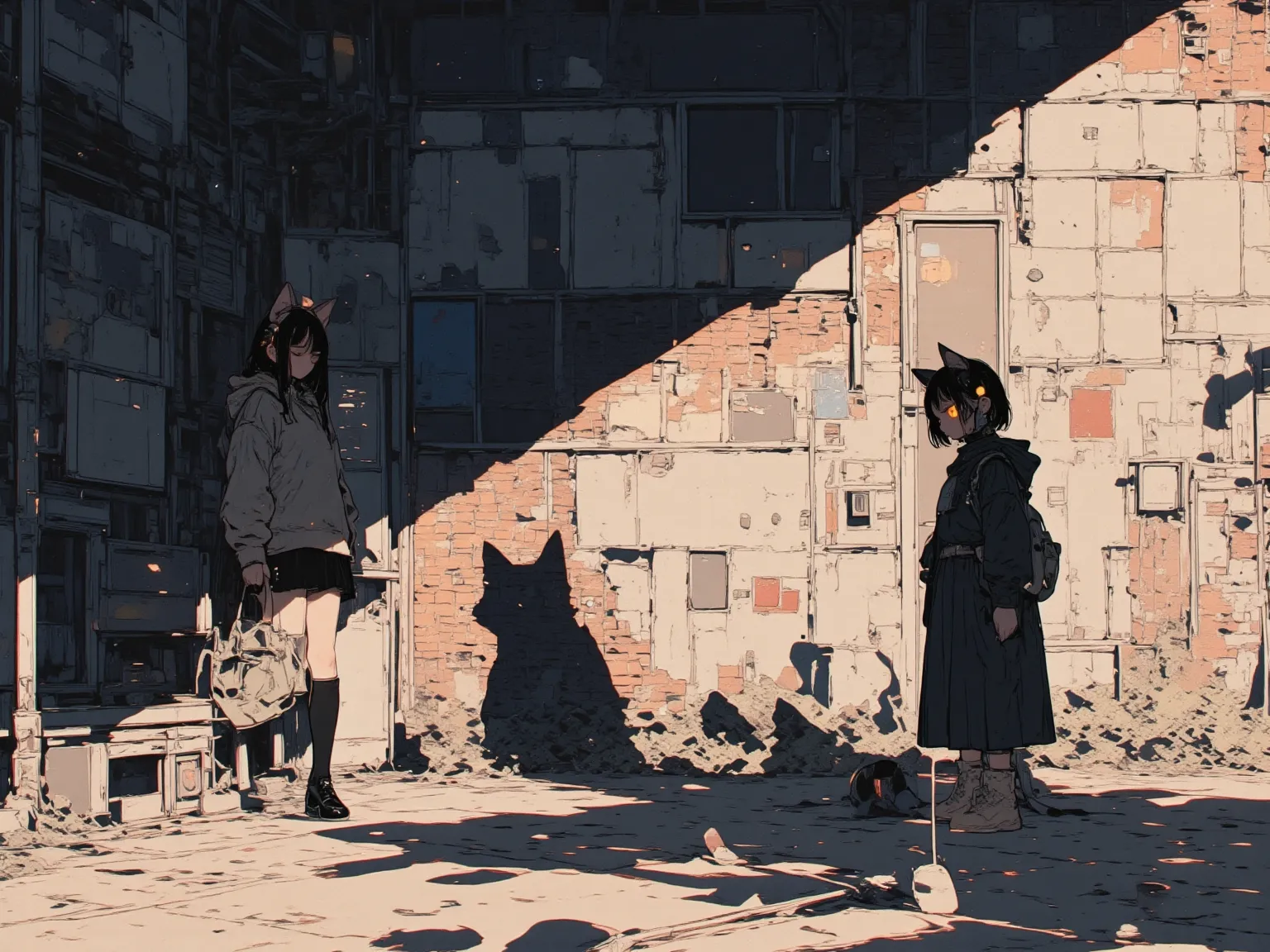 (masterpiece, incredibly absurdres, highres, newest, detailed background, ), (black cat, sitting in front of a brick wall\right position\light to left hits\The shadow is in the shape of a standing girl with cat ears), illustration