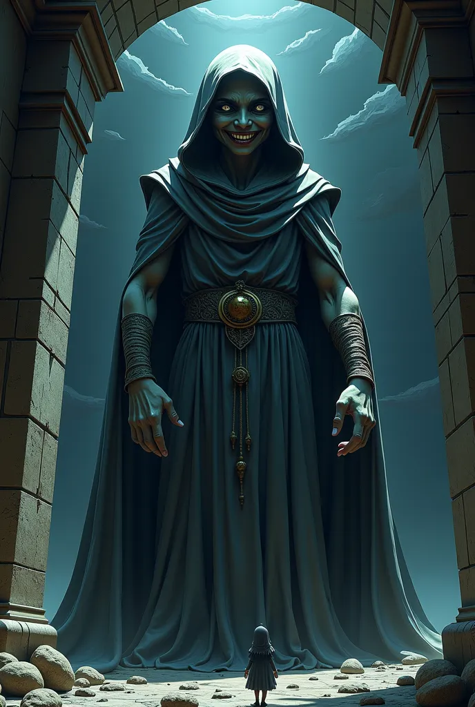 A human statue wearing a cloak and a giant stone hood with a bizarre smile being seen from below in a dark, enclosed place. anime style