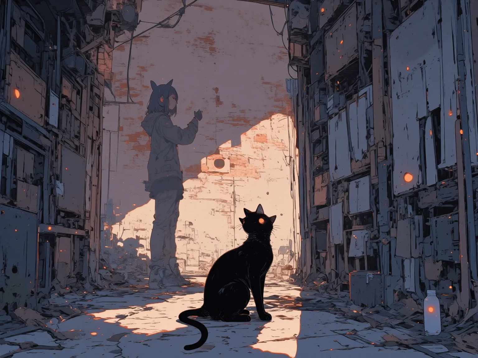 (masterpiece, incredibly absurdres, highres, newest, detailed background, ), (black cat, sitting in front of a brick wall\right position\light to left hits\The shadow is in the shape of a standing girl with cat ears), illustration