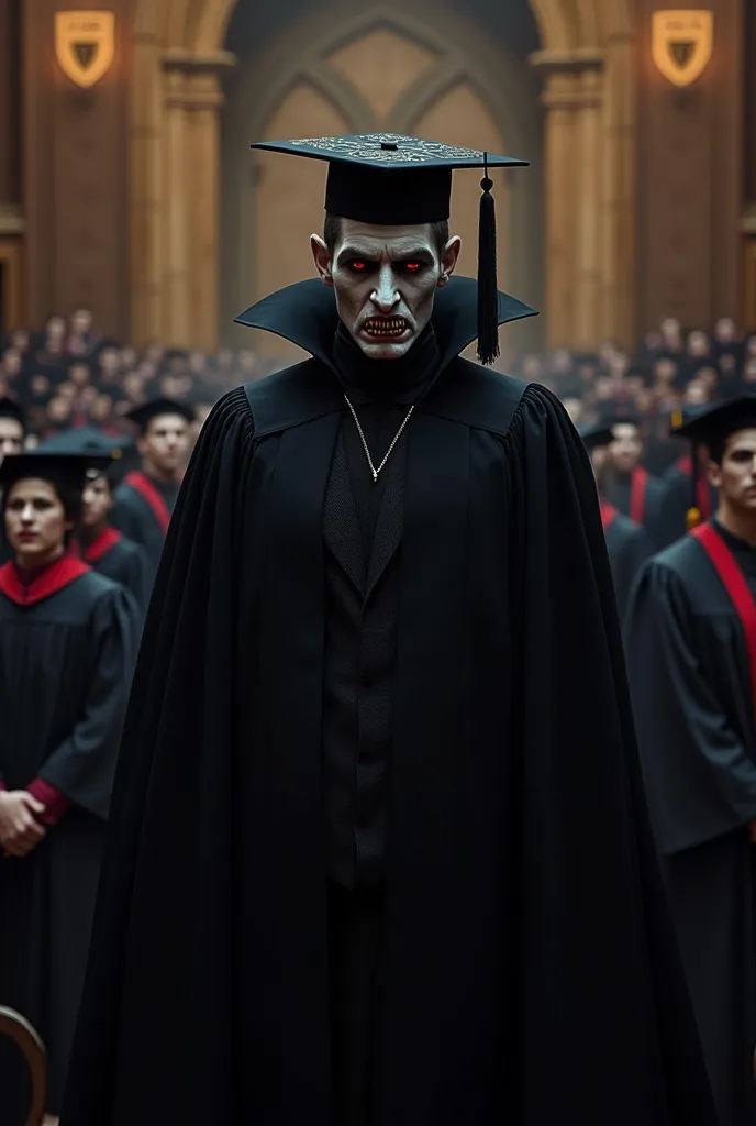 Dracula vampire with hat at graduation