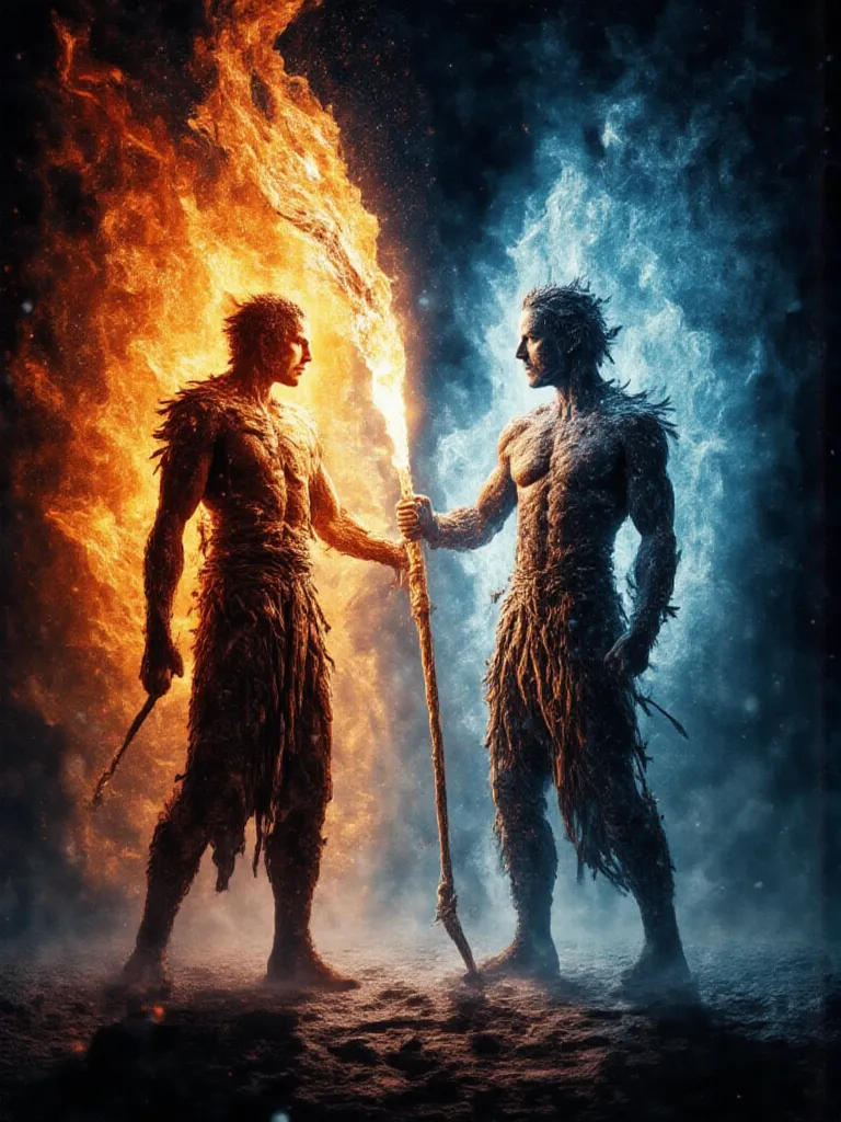 Two fierce ancient titans locked in eternal battle: one embodying the scorching heat of fire, the other the icy chill of frost. Rooted in Greek mythology, this masterpiece showcases anatomically correct features on their physically perfect bodies, with mus...