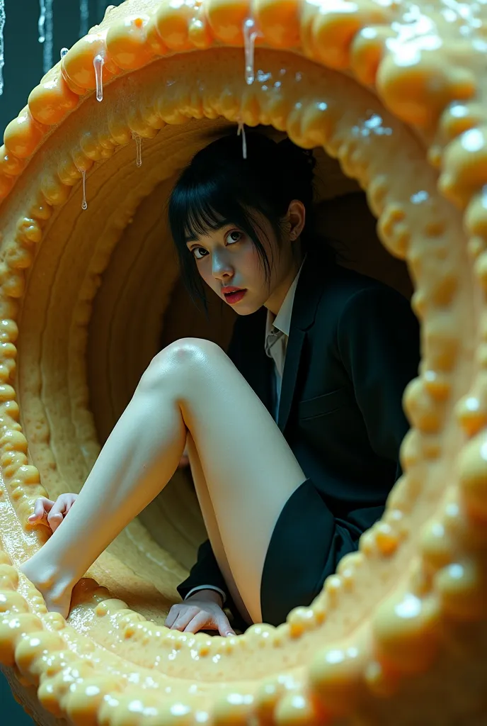 Realistic, a Japanese office girl in a dark suit is being startled, tongue-rubbed, skin filled with white mucus, sitting curled up, raising her knees. (Kneeling, bending knees) In a round capsule, like a dark ball, wrinkled, wet, organic flesh, a network o...