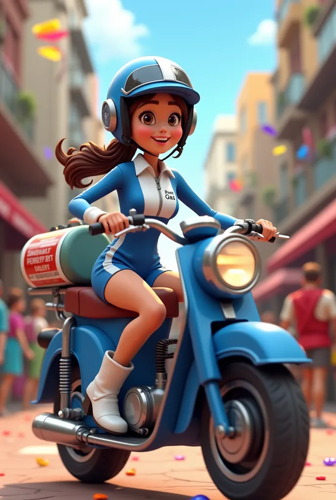 Character: Penha now wears a short, tight blue and white jumpsuit with a front zipper and the ‘Penha Gás’ logo on the side of the chest. She wears a custom blue and white helmet, matching the uniform. White leather boots with non-slip soles.
Style: Realist...