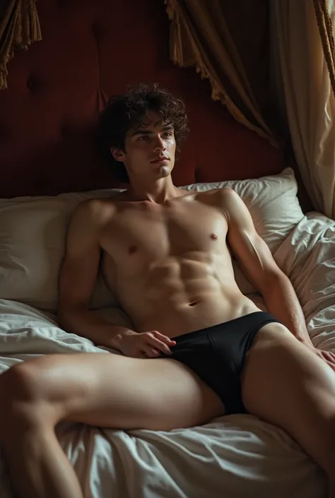 Realistic and detailed, Gothic, 18-year-old male , with shoulder-length curly hair, slim body skiny and delicate and elegant, slightly leaning against the back of a large royal bed, your legs lying on the mattress too, and wearing only a swimsuit, Full bod...