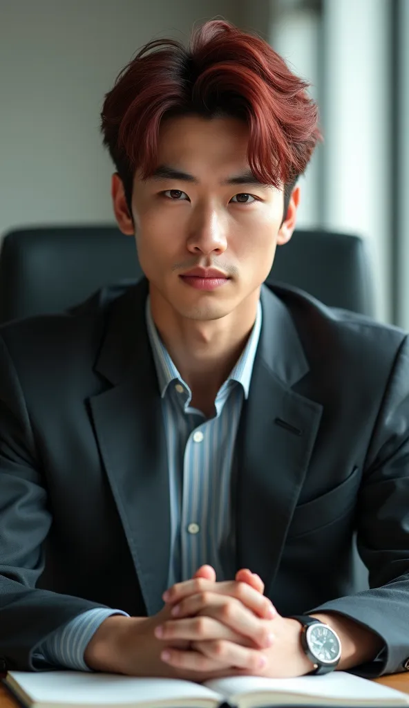 A very handsome 25 year old Japanese young man with dark red hair and dark brown eyes, photo realistic, sitting on a chair in his office facing his notebook, looking straight ahead