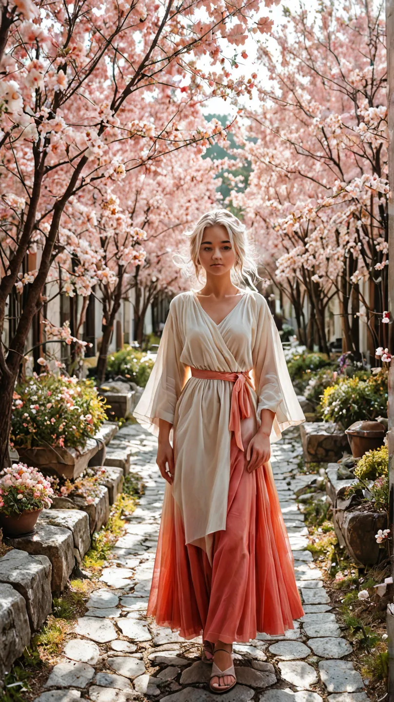 anime girl, long white hair, light green eyes, aesthetic vibrant color outfit, walking through a cherry blossoms path, vibrant colors, very detailed