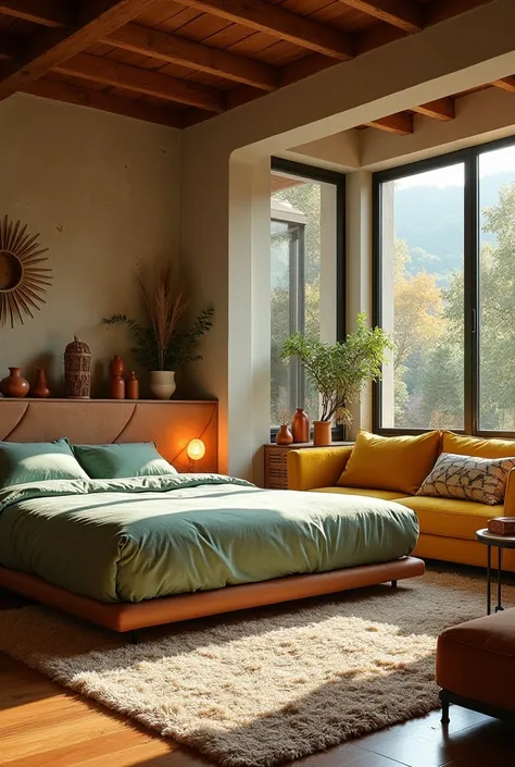 Can you show me a long living room with a sage green bed, a touch of terracotta and a mustard yellow corner sofa