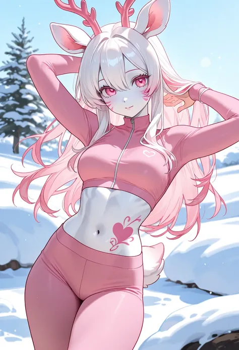 Athletic girl, with snow-white skin with some pastel pink tattoos , medium breasts, medium hips, white hair with pastel pink highlights,  Pink Eyes , wearing pink pimp clothes, A white and pink deer tail in the back