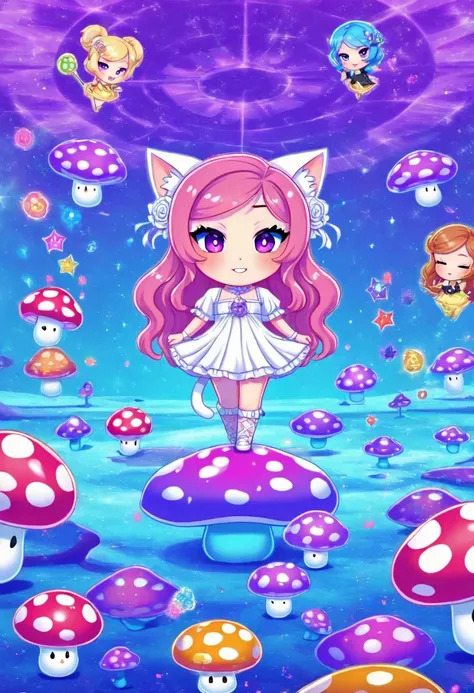 dmt art style, (a white chibi cute girl:1.3),(Dense mushrooms, of different heights, will shine:1.1), The girl leaned against the mushroom,Gleaming mushrooms,illusion,(catling:1.1),colorful,purple,blue,rose hermosa,Dream scene,
