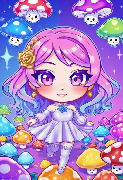 dmt art style, (a white chibi cute girl:1.3),(Dense mushrooms, of different heights, will shine:1.1), The girl leaned against the mushroom,Gleaming mushrooms,illusion,(catling:1.1),colorful,purple,blue,rose hermosa,Dream scene,
