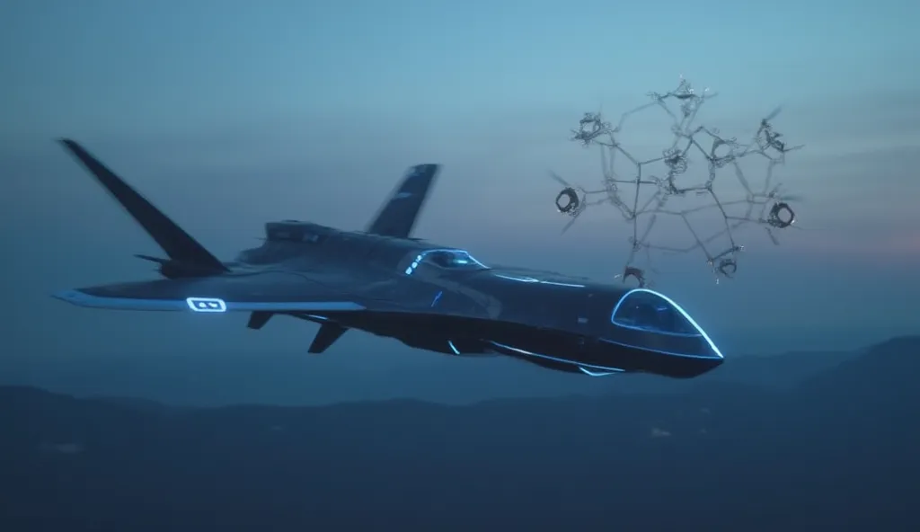 A futuristic, sleek drone hovering in a twilight sky, its stealthy design glowing faintly with neon blue accents. In the background, a swarm of smaller drones forms a geometric pattern, symbolizing AI-driven collaboration. The tagline reads: "The Future of...