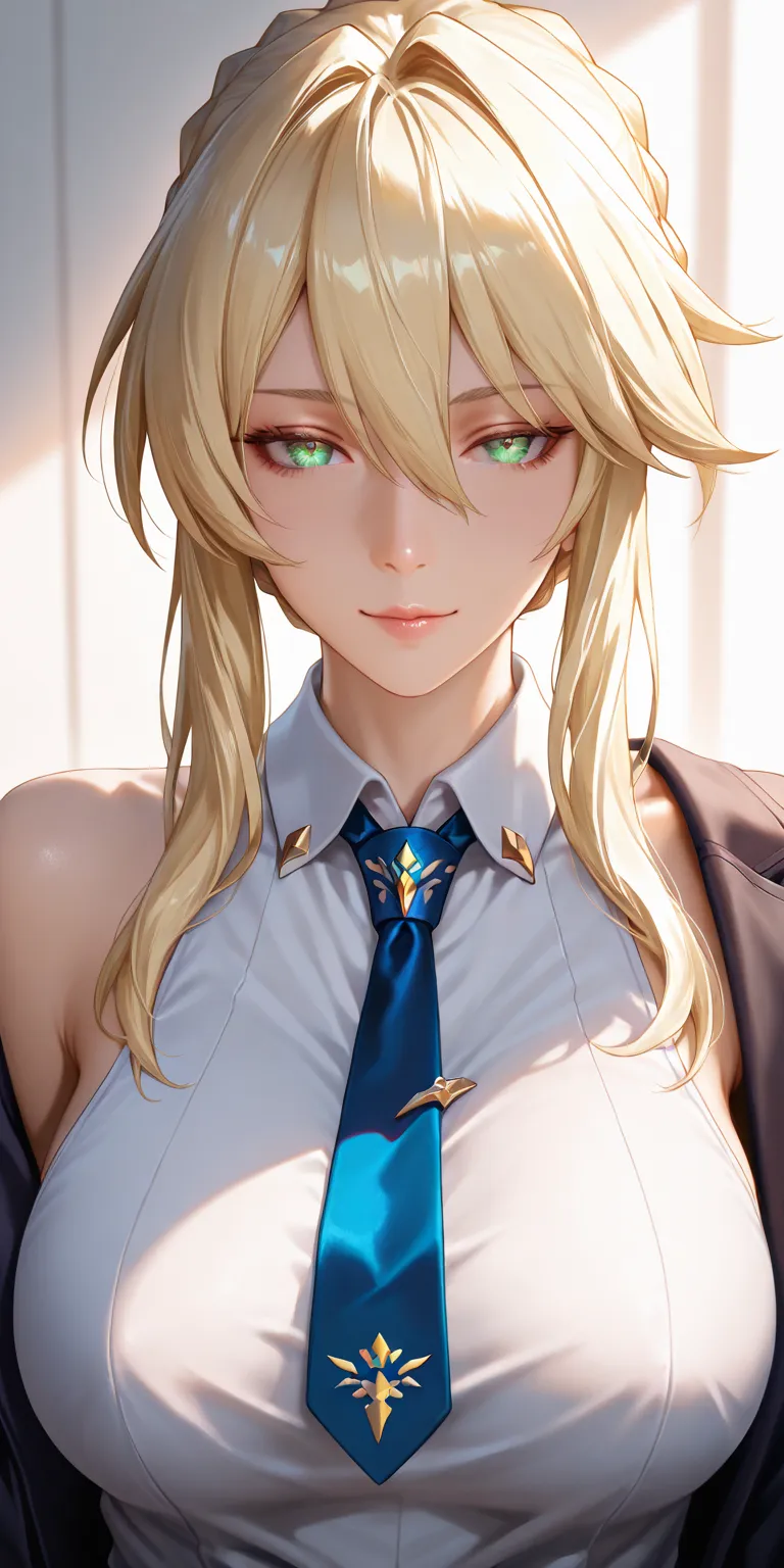 Masterpiece, very aesthetic, vibrant, high contrast, mature woman, milf, artoria pendragon (lancer) (fate), upper body, tie, sleeveless collared shirt, side boobs, open jacket, soft light, honkai: star rail cg style, semrealistic, best quality, seductive