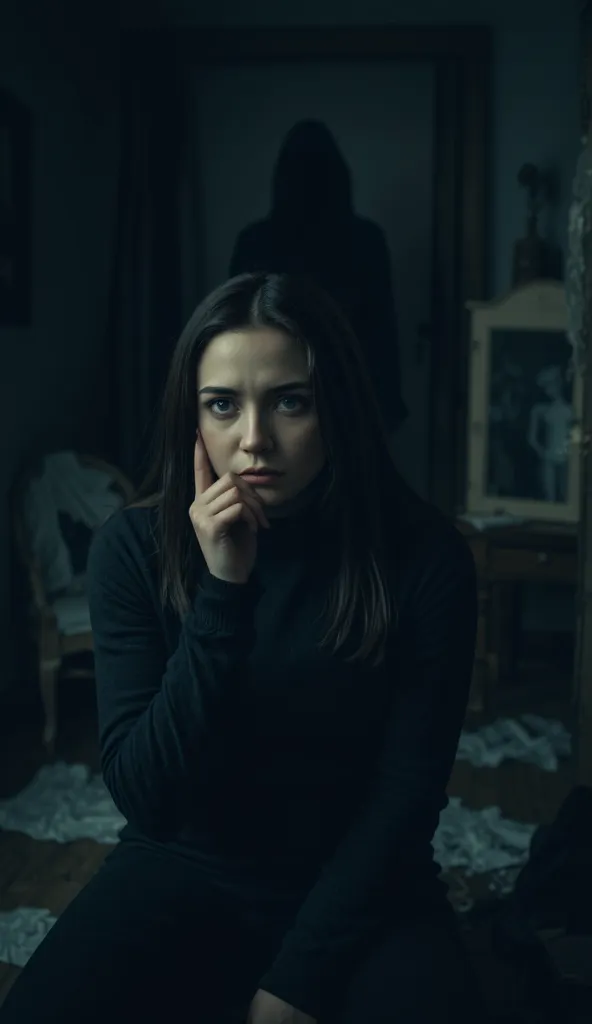 Create a dark and melancholic scene portraying the theme of identifying narcissistic behavior. A woman sits alone in a dimly lit room, her face reflecting confusion and emotional exhaustion. In the background, a shadowy figure stands slightly out of focus,...