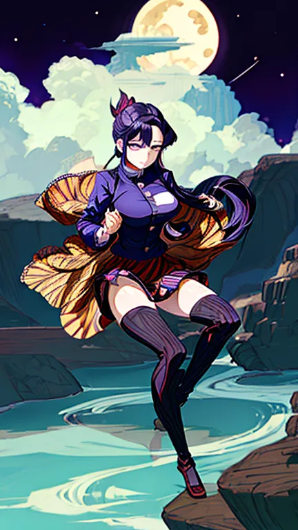 KOTOUJI AGAMAKI Demon Slayer anime style,  Professional and official animation style Kimetsu no yaiba On Slayer, Kotouji, calm serious woman with long purple hair, lace with side sideburns () long fringe and choke/strange tuft.  purple eyes/gold with refle...