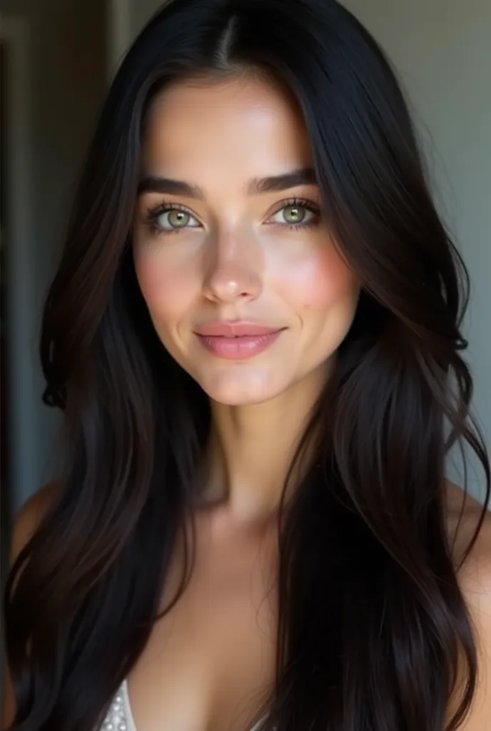 A 24-year-old woman with long, straight black hair and striking green eyes. Her face has a soft, natural glow with rosy cheeks that highlight her youthful appearance. She has a gentle yet confident expression, and her skin is fair with a smooth complexion....