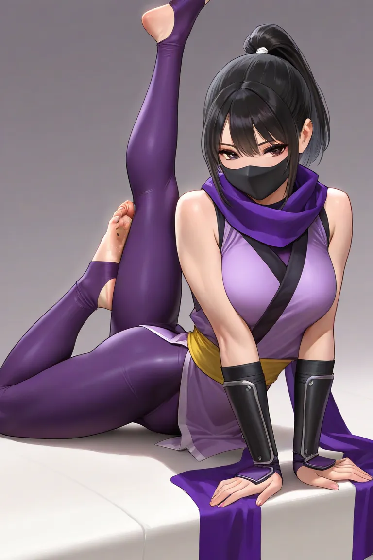 women, asian, black hair, ponytail, spandex, purple ninja, athletic physique, mask, bare feet, wrappings on feet and wrists, sleeveless, ninja scarf, bracers, stirrup legwear, seductive, (flexible:1.3)