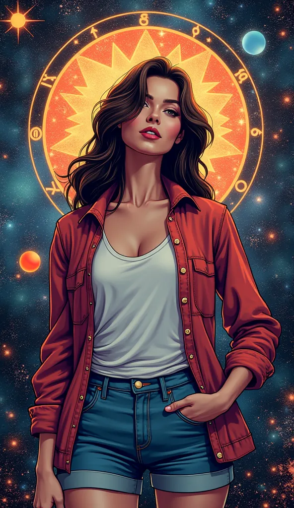 DISCREET image. With discreet casual clothes. image adult woman, american, comic book style. with a discreet smile. IMAGES WITH VIBRANT COLORS. mystical astrology background