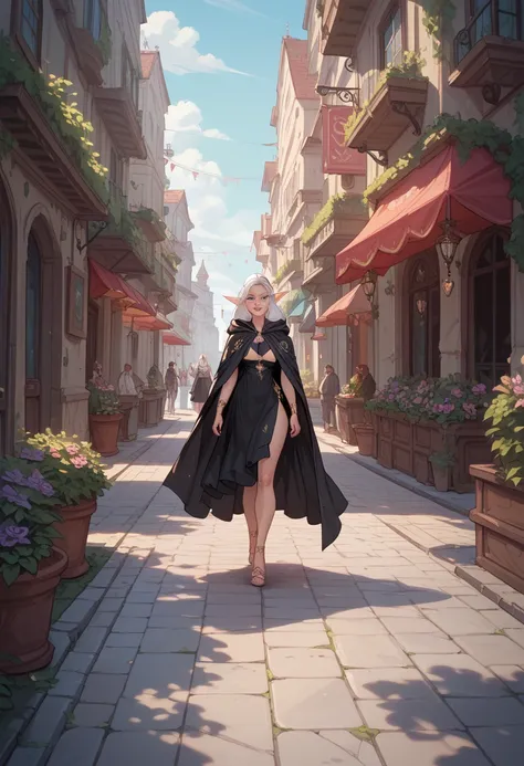 a elf girl, long white hair, pointed ears, futuristic elements BLACK dress with Hooded cape, MALICIOUS EXPRESSIONS, walking in a precious sidewalk, fullbody, strong under perspective, high detailed