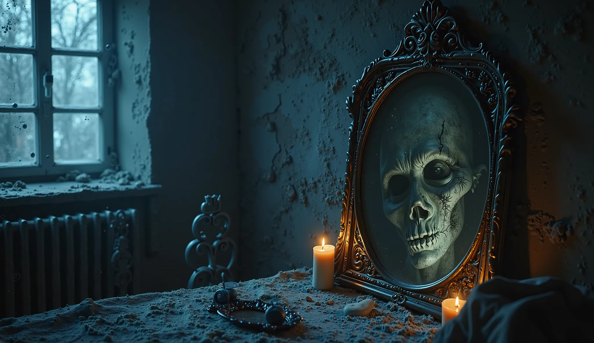 realistic image of a HAUNTED MIRROR IN A ROOM at night, in the illuminated night, cold night and macabre liquid darkness