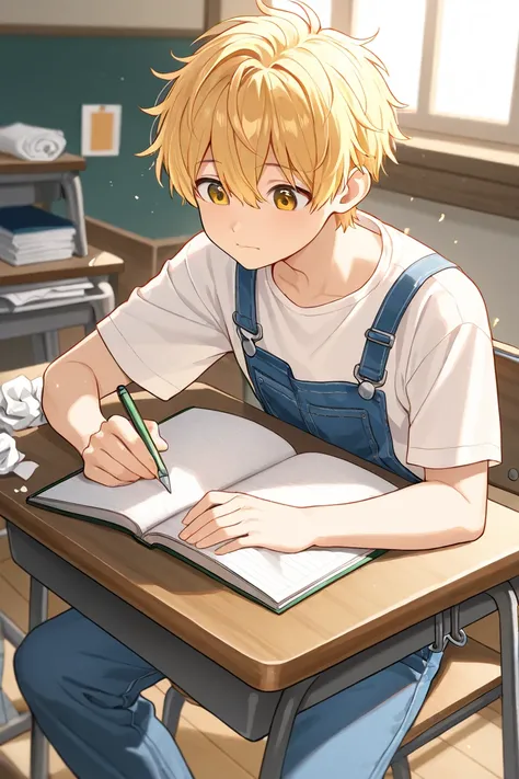 Blond boy drawing fantastic creatures that come out of his notebook