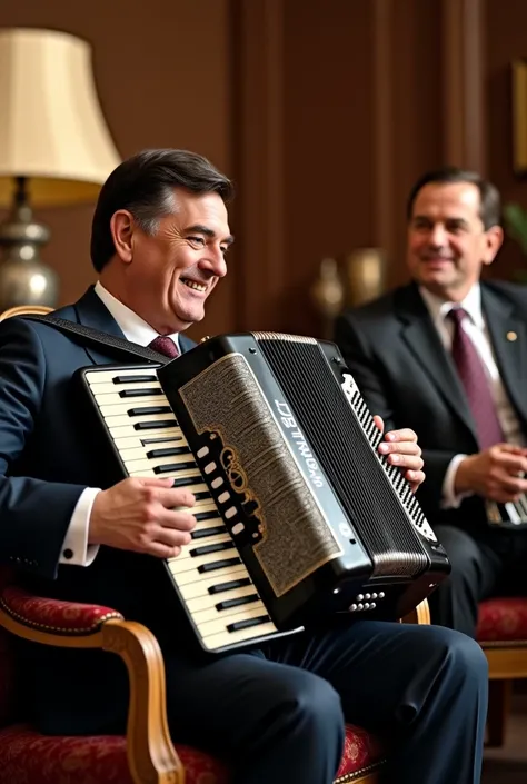 President "Lula" Luiz Inácio Lula da Silva and former president Jair Messiah Bolsonaro playing the accordion in his mansion. Show the entire body of the presidents, ensure the images are ultra-realistic in every detail, superhuman, face identical to the at...