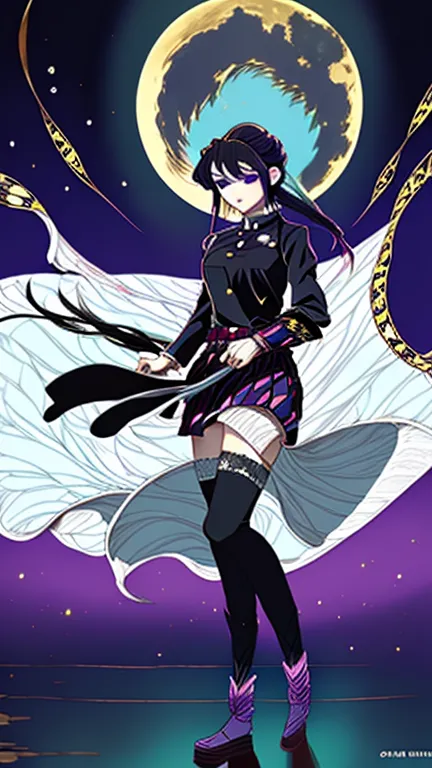 KOTOUJI AGAMAKI Demon Slayer anime style,  Professional and official animation style Kimetsu no yaiba On Slayer, Kotouji, calm serious woman with long purple hair, lace with side sideburns () long fringe and choke/strange tuft.  purple eyes/gold with refle...