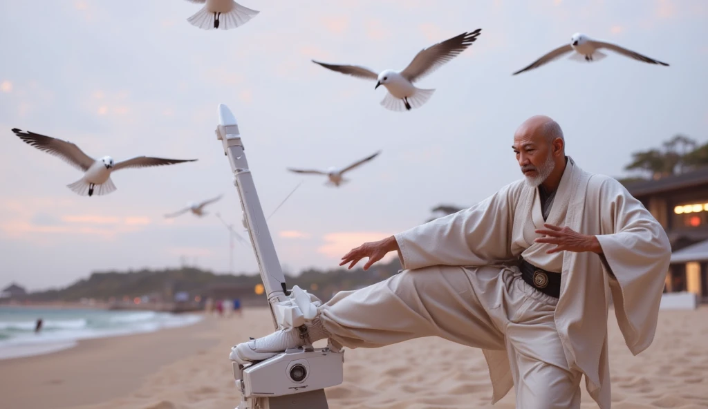 Image of an artificial beach inside a futuristic dome, an elderly bald Chinese man wearing a white goatee wearing a futuristic kimono practices kicking a crane on a technological pole. Seagulls are drones shaped like birds. Very futuristic and real image, ...